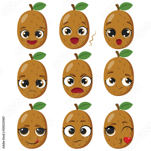 Set of cute kiwi fruit faces with emotional expressions, ideal for kids learning emotions, educational materials, classroom posters, and fruit-themed printables