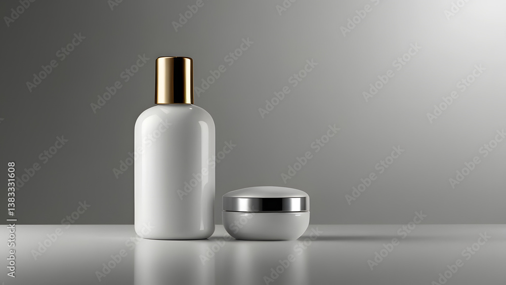 White cosmetic bottle next to cream jar on light background White cosmetic bottle next to cream jar on light background