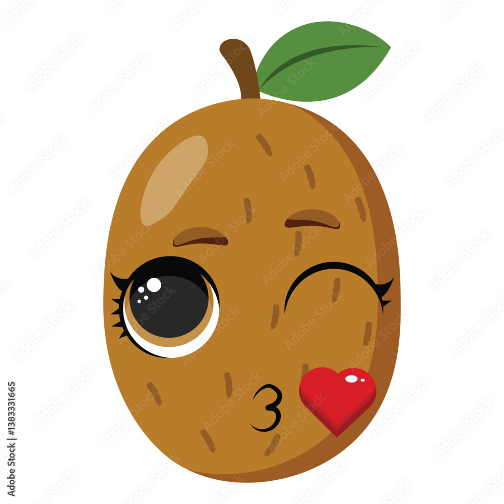 Obraz premium Brown kiwi fruit character with a wink and red heart, perfect for kids designs, healthy lifestyle visuals, fruit labels, and fun food-themed products