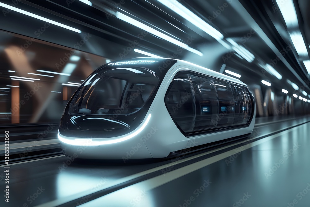 Futuristic, driverless airport shuttle designed for passenger transport, moving rapidly through a modern tunnel Futuristic, driverless airport shuttle designed for passenger transport, moving rapidly through a modern tunnel
