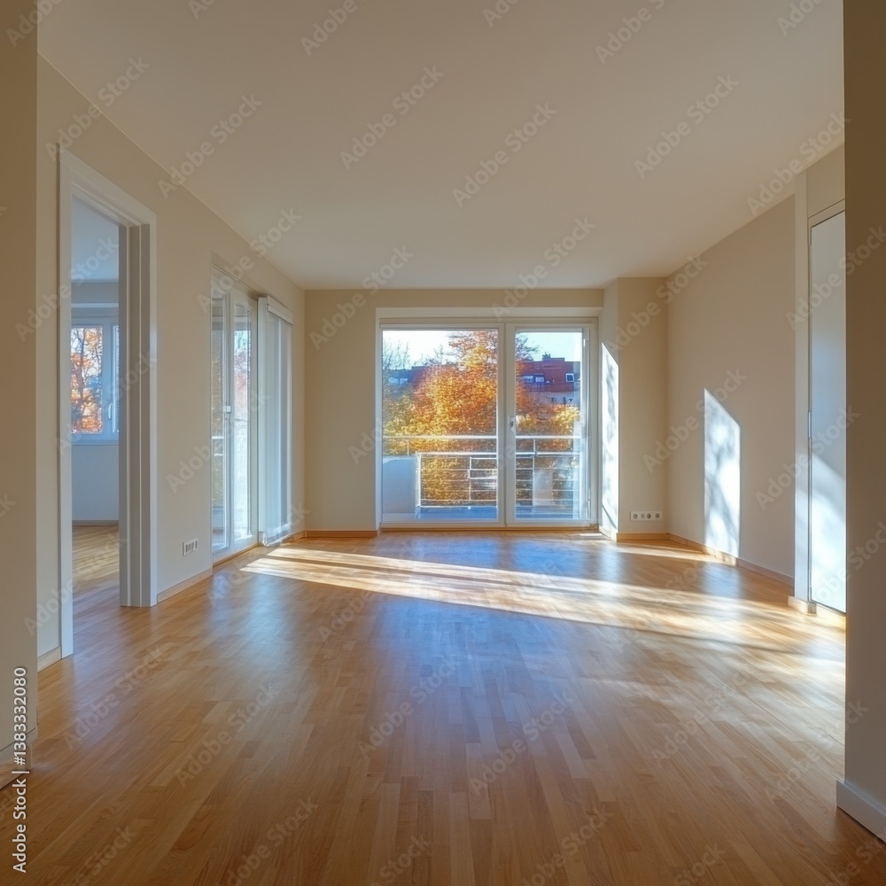 Obraz premium Bright and Spacious Apartment Interior with Hardwood Floors and Balcony View in Autumn Sunlight
