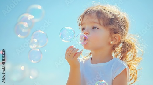 A child blows bubbles into the air against a soft sky-blue background. Playful moments. Concept of innocence, joy, and lighthearted fun.