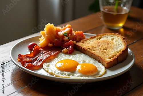 Wallpaper Mural American breakfast on a ceramic plate with sunny-side-up eggs, crispy bacon, hash browns, buttered toast and fresh fruit, styled on a rustic wooden table  Torontodigital.ca