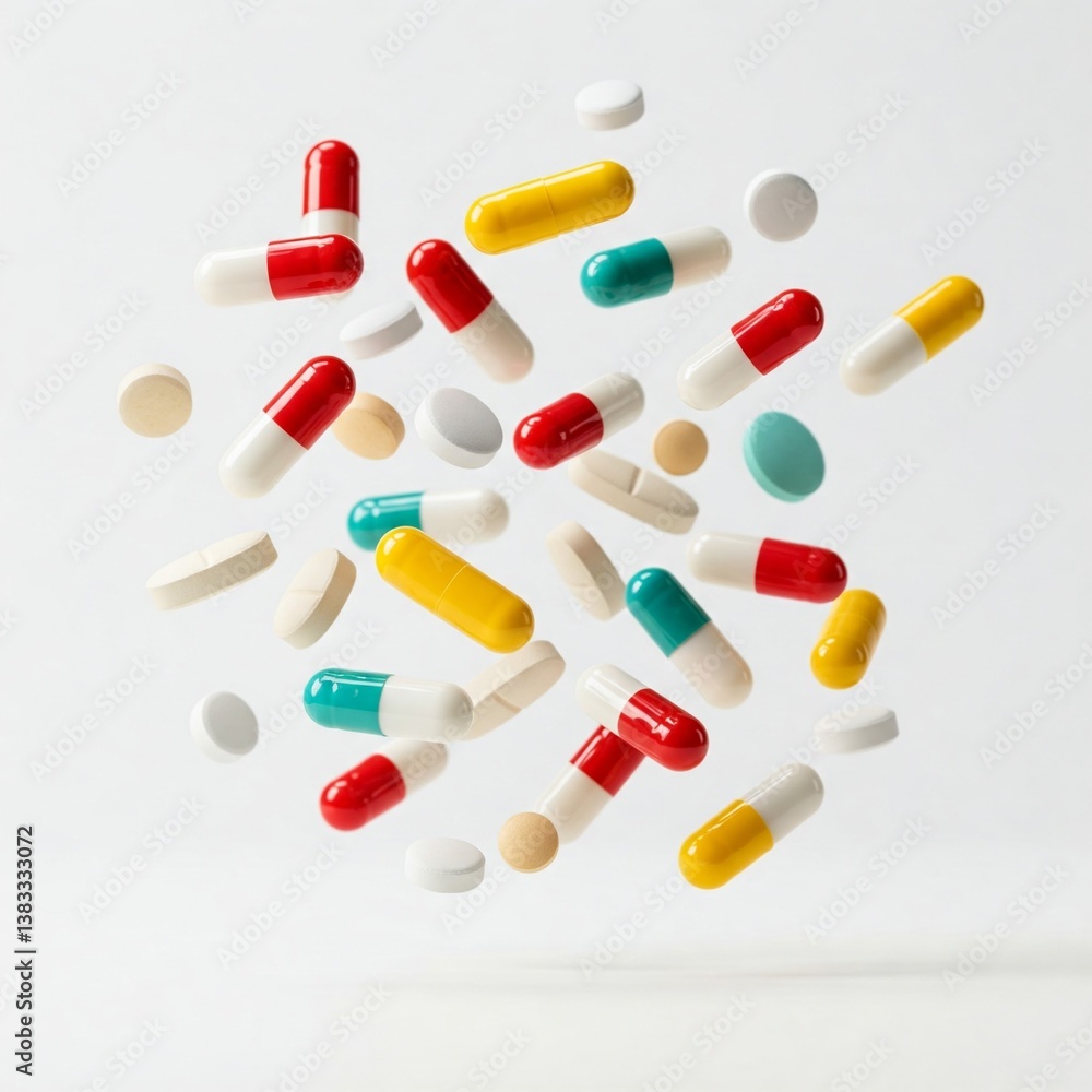 Bright Falling Pills Capsules Colorful Background Copy Space Bright Falling Pills Capsules Colorful Background Copy Space