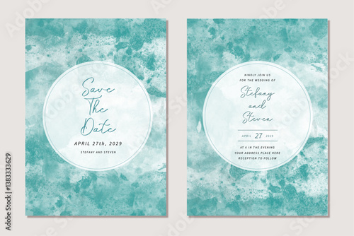 wedding invitation card with green abstract watercolor background