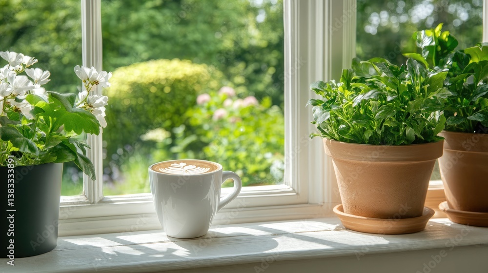 Cozy Window Scene with Coffee Cup and Green Indoor Plants Cozy Window Scene with Coffee Cup and Green Indoor Plants