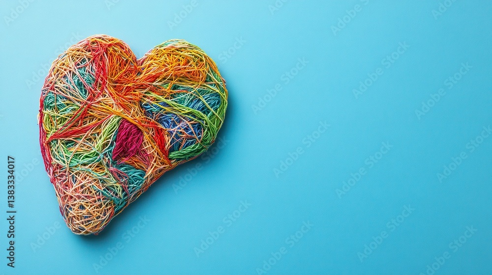 Fototapeta premium A human liver made of colorful tangled threads on a blue background with a banner for copy space. Concept of liver health and detoxification processes.