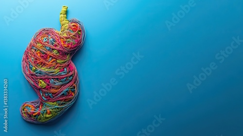 A human stomach made of colorful tangled threads on a blue background with a banner for copy space. Concept of digestive health and gut issues.