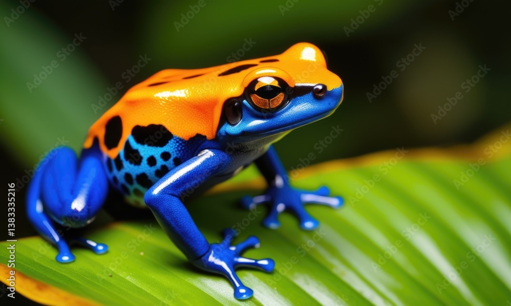 Obraz premium Vibrant blue and orange poison dart frog on leaf in tropical jungle