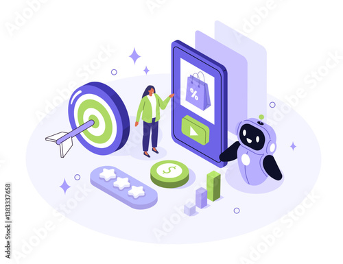 Character using artificial intelligence tool for content creation, business strategy, communication. Digital marketing, advertising, promotion concept. Flat isometric vector illustration.