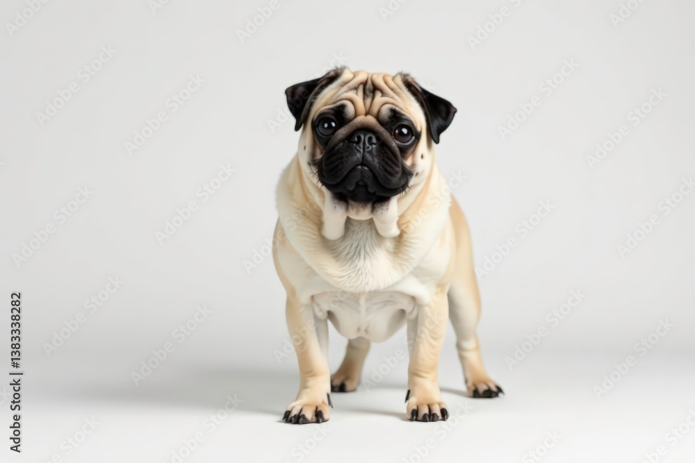Solo pug on plain white backdrop, looking directly at camera , straight on, brown, breed Solo pug on plain white backdrop, looking directly at camera , straight on, brown, breed