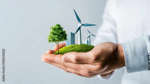 Wallpaper Mural Person Holding Miniature Sustainable City with Windmills Torontodigital.ca