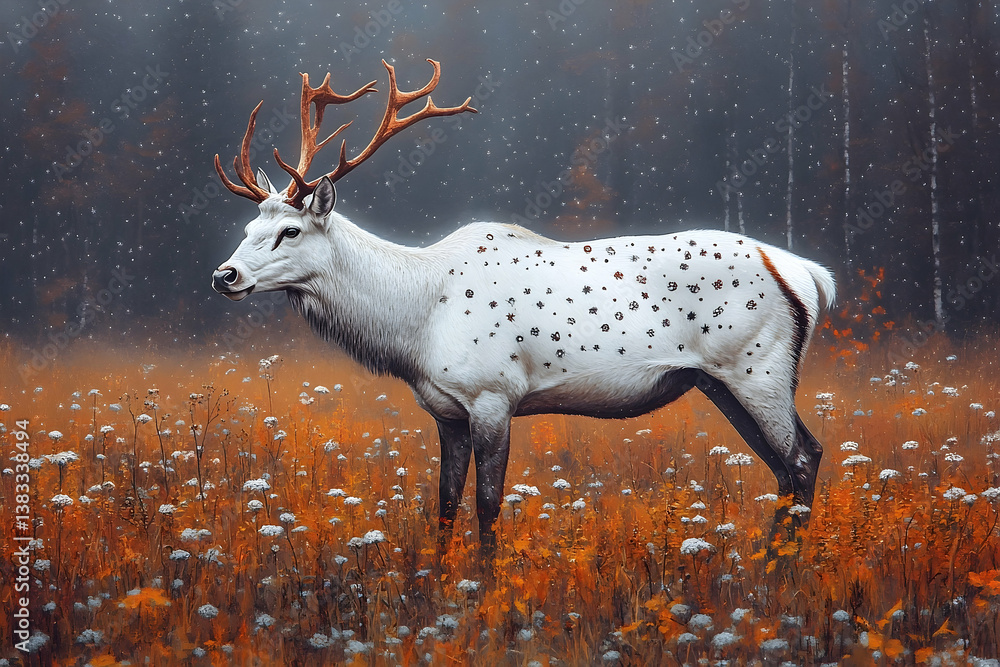 Fototapeta premium A white deer with antlers stands in a vibrant flower field