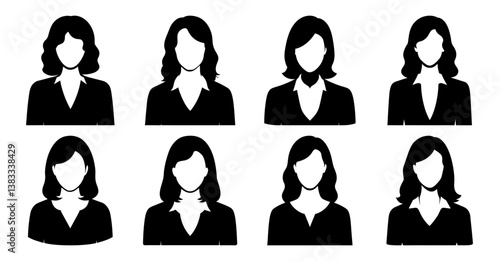 Collection of eight diverse female profile icons in a simple black and white design, ideal for avatars or user interface elements