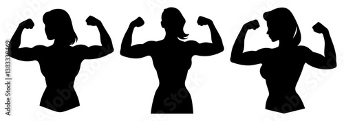 Three Silhouettes of Muscular Women Flexing Their Biceps Strong Female Fitness Bodybuilding Power