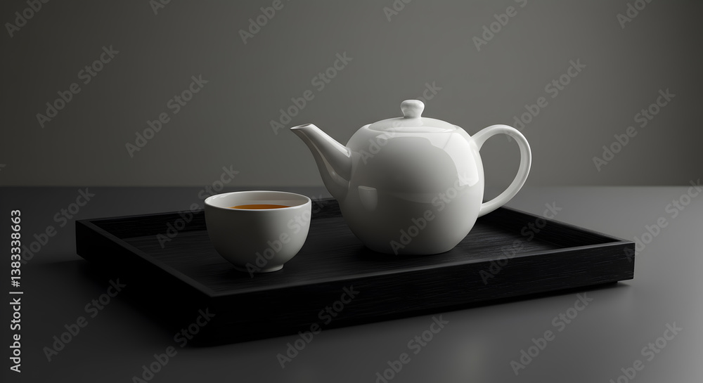 Elegant Tea Presentation Featuring a White Teapot and Cup on a Tray Elegant Tea Presentation Featuring a White Teapot and Cup on a Tray