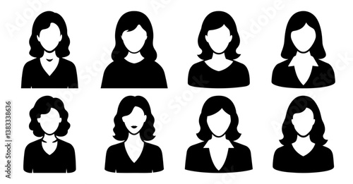 Collection of eight diverse female avatar icons representing various hairstyles and professional attire suitable for websites or applications