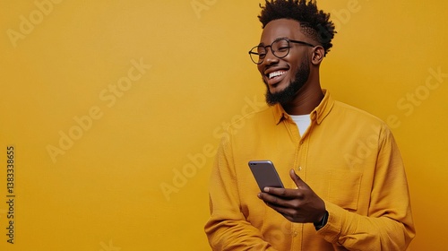 Close Up Side Portrait Of Smiling Black Man Holding Mobile Phone Looking At Copy Space, Panorama, Orange Studio
