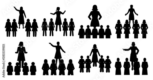 Leadership roles of women in various group settings illustrated through simple silhouettes, showcasing diverse leadership styles and team dynamics