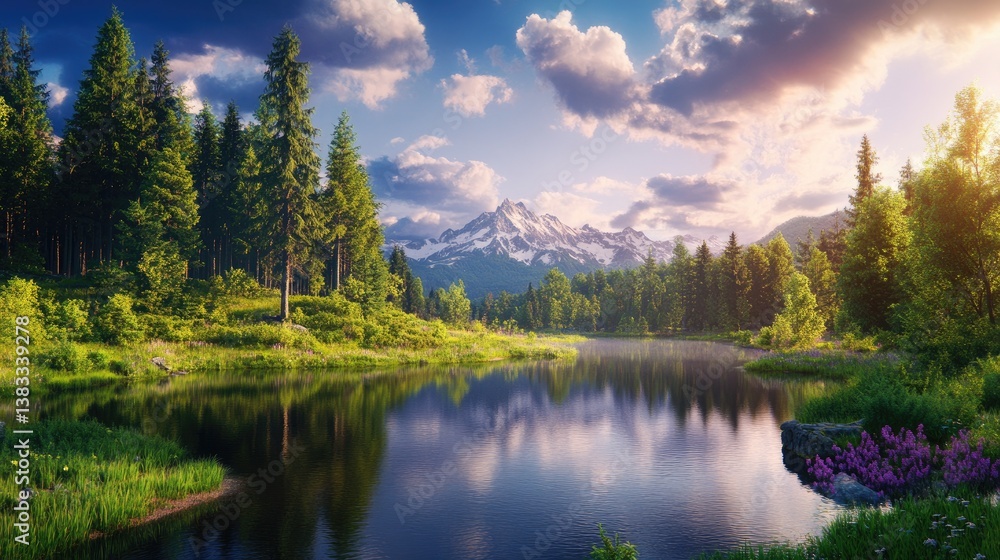 Fototapeta premium Serene Mountain Landscape with Lush Forest and Calm Lake Reflection