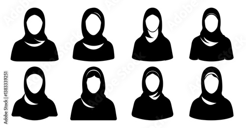 Collection of eight diverse female avatars wearing hijabs, showcasing variations in style and head covering
