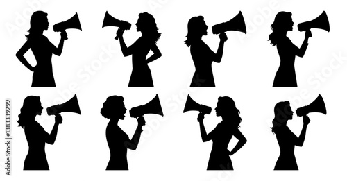 Eight Silhouettes of Women Using Megaphones to Announce or Protest
