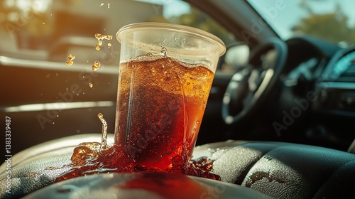 Cup with soda spilling across a car seat during a road trip. Concept of adventure, travel hiccups, and spontaneous moments.