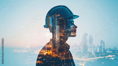 Future building construction engineering project concept with double exposure graphic design, building engineer, architect people or construction worker working with modern civil equipment.