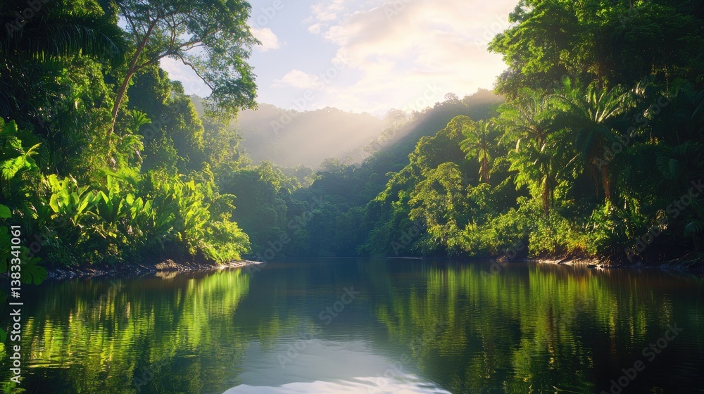 Serene Jungle Landscape with Calm River and Lush Greenery Serene Jungle Landscape with Calm River and Lush Greenery