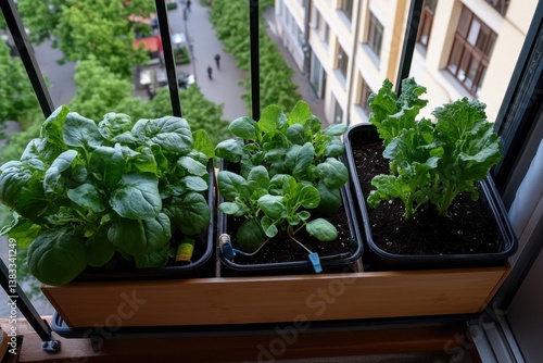 This image captures a balcony garden flourishing with rich greens, including spinach, surrounded by the bustling life of the urban street below.