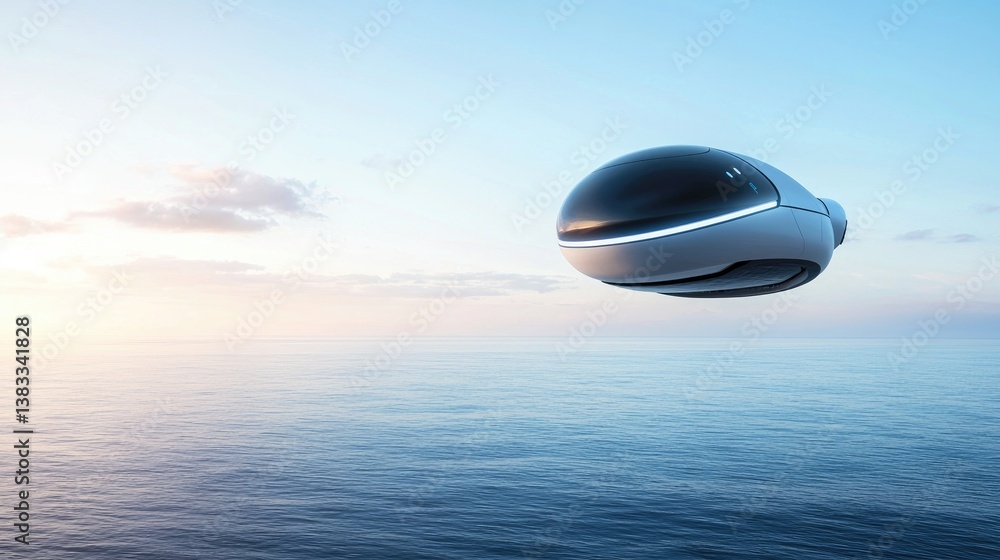 Futuristic air vehicle over tranquil ocean Futuristic air vehicle over tranquil ocean