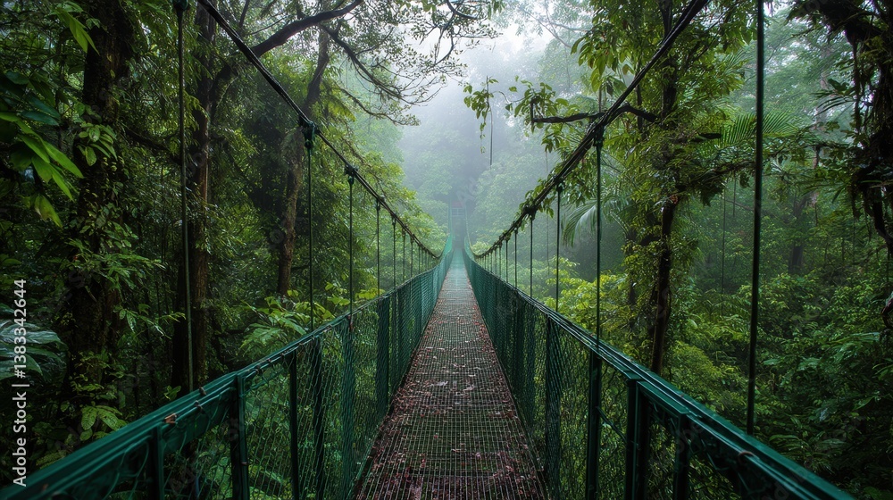 Obraz premium Misty Suspension Bridge in Lush Green Tropical Forest Surrounded by Fog and Trees