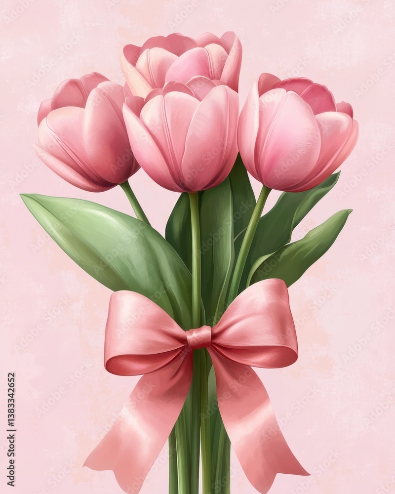 Fototapeta premium Elegant pink tulips bouquet with a satin bow on pastel background captures the essence of spring and romance