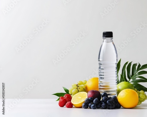 Refreshing still life featuring a clear plastic water bottle, assorted vibrant fruits like lemons, raspberries, and grapes, and a green leaf, set against a bright white background. 