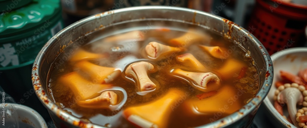 Steaming Hot Spicy Bone Broth Soup in Rustic Metal Pot Close Up View Steaming Hot Spicy Bone Broth Soup in Rustic Metal Pot Close Up View
