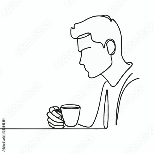 Man holding coffee cup in calm reflective mood line drawing