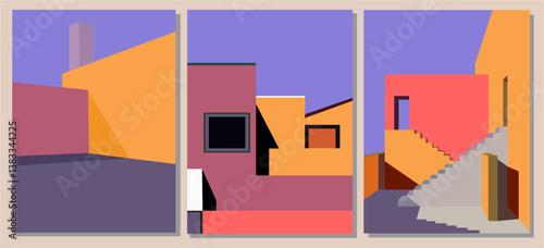 Set of Abstract architectural backgrounds with bright modern colors geometric shapes. Modern building vector illustration, cover, template, poster, etc.