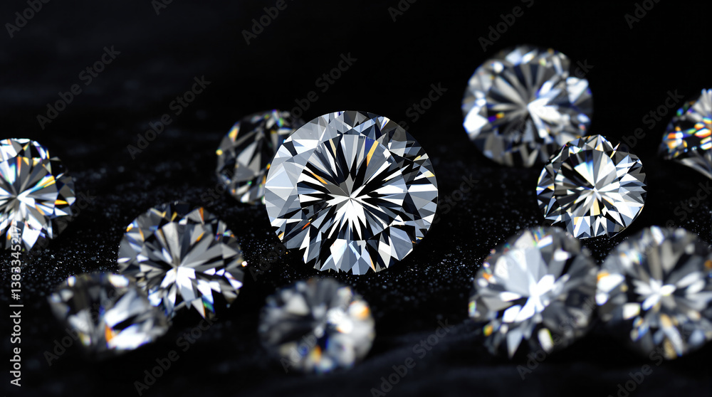 Fototapeta premium Brilliant Cut Diamonds Sparkling on Black Velvet