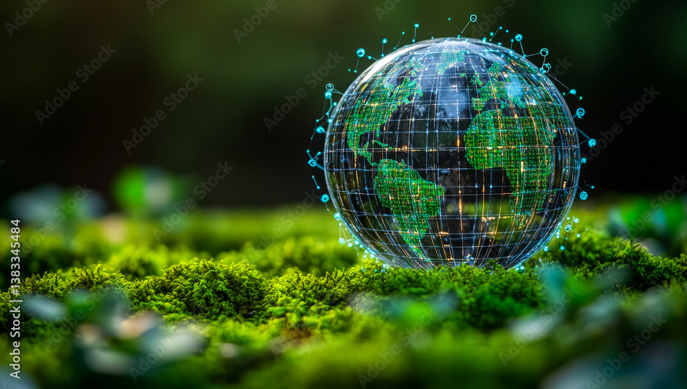 Glowing globe shows nature's link. A digital globe with a network overlay rests on lush green moss, symbolizing the balance of technology and nature. Glowing globe shows nature's link. A digital globe with a network overlay rests on lush green moss, symbolizing the balance of technology and nature.