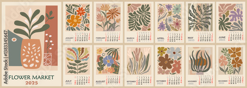 Floral calendar template for 2025. Vertical design with abstract Flower Market poster designs. Vector illustration page template A3, A2 for printable wall monthly calendar. Week starts on Sunday.