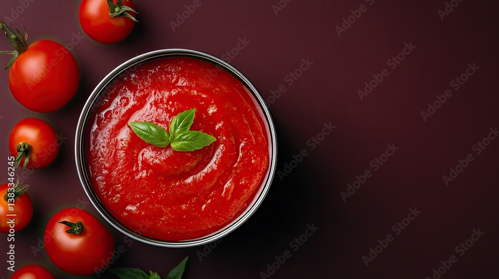 Fresh Tomato Sauce with Basil in Bowl and Raw Tomatoes Surrounding Fresh Tomato Sauce with Basil in Bowl and Raw Tomatoes Surrounding