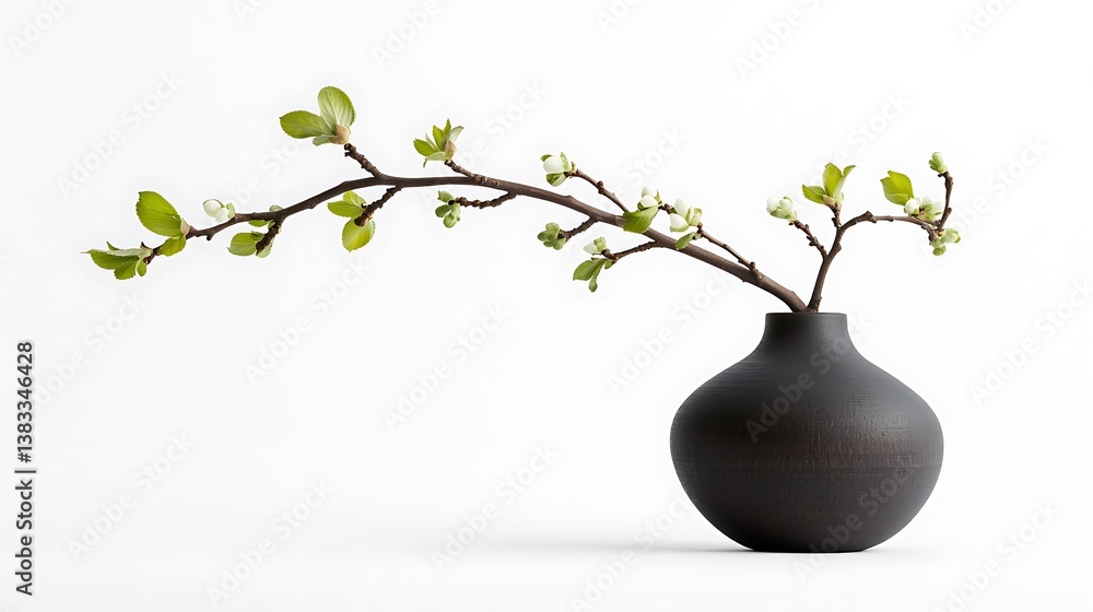 Close-up studio shot of a black vase with a sprig of fresh green leaves. Used in a photo library to illustrate Close-up studio shot of a black vase with a sprig of fresh green leaves. Used in a photo library to illustrate