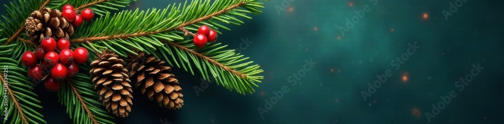 Fir branches with pine cones and holly berries, evergreen, snowflake Fir branches with pine cones and holly berries, evergreen, snowflake