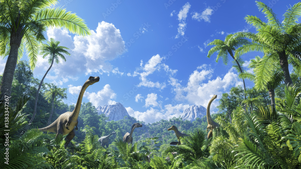 Naklejka premium vibrant prehistoric landscape featuring dinosaurs among lush greenery and mountains