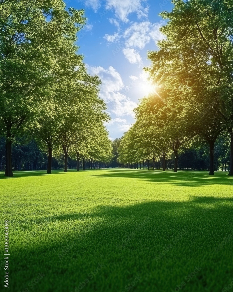 Obraz premium Serene park landscape with vibrant green grass and towering trees under a bright blue sky on a sunny day