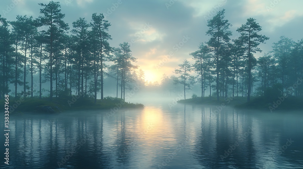 Fototapeta premium Misty Morning Marsh: Serene wetlands come alive at dawn, with the gentle mist, casting a hazy veil over the mirrored water and silhouetted trees, creating a tranquil and ethereal landscape