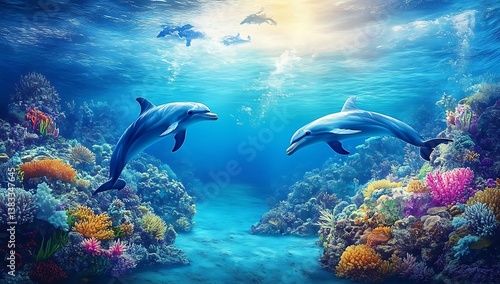 A breathtaking underwater scene of two dolphins swimming gracefully among vibrant coral reefs, capturing the beauty and serenity of ocean life