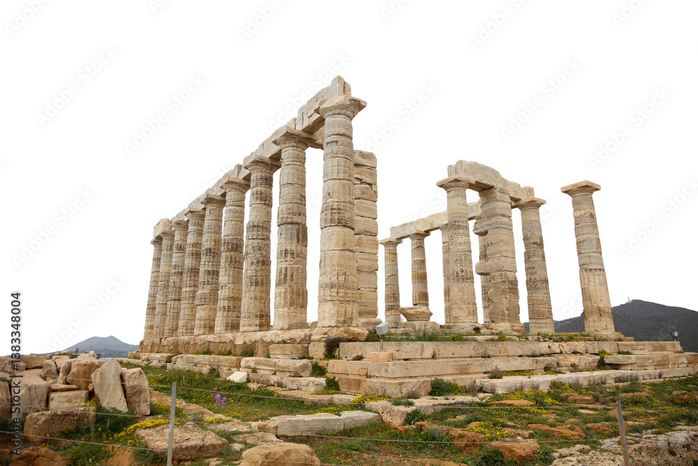 Cape Sounio, Poseidon temple remains isolated on white, transparent sky. Attica, Greece.
