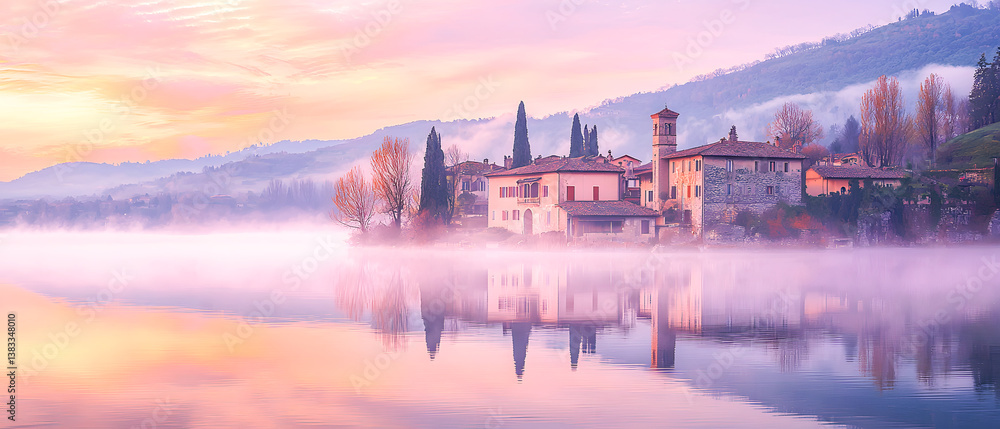 Fototapeta premium Serene Dawn Reflections in a Foggy Lake with Charming Architecture