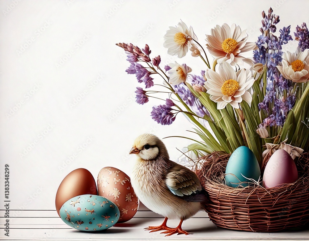 Easter background with chicks, eggs and flowers. Drawing, watercolor